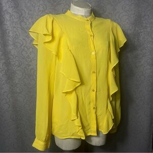 Y2K Blair Yellow Ruffled Blouse 100%Silk long-sleeve Semi-sheer Sz T3